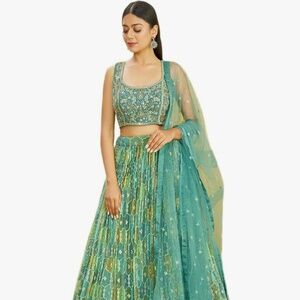 Turquoise Ombre Lehenga Choli Set, Embellished Crop Top with Net Skirt